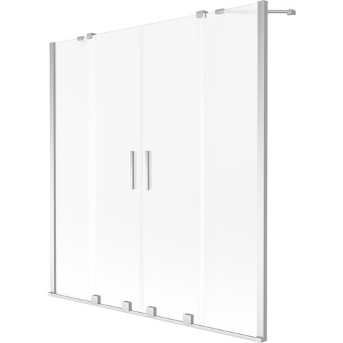 Dwuskrzydłowy, rozsuwany parawan nawannowy o wymiarach 160 x 150 cm, wykonany z przezroczystego szkła z matowym wykończeniem i chromowanymi elementami. Na środku znajdują się dwa pionowe uchwyty.