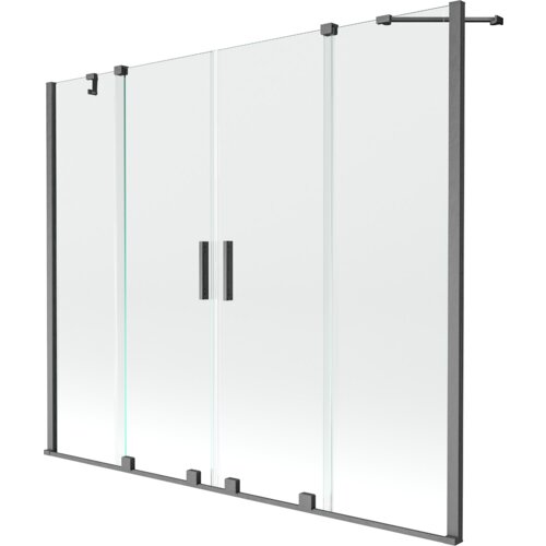 Przesłane zdjęcie przedstawia przezroczysty, dwuskrzydłowy parawan nawannowy o wymiarach 180 x 150 cm z ciemnoszarymi, szczotkowanymi elementami. Parawan posiada dwa pionowe uchwyty oraz metalowe mocowania na górze i dole.