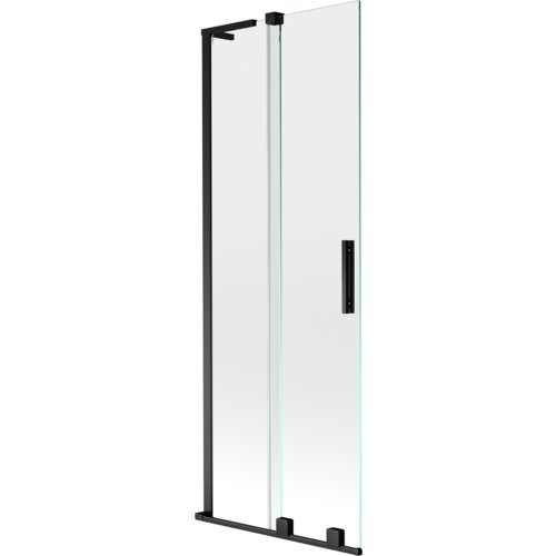 Dwuskrzydłowy, rozsuwany parawan nawannowy o wymiarach 70 x 150 cm, wykonany z przezroczystego szkła z czarnymi elementami konstrukcyjnymi. Produkt ma prosty, nowoczesny design z pionowym uchwytem na jednym ze skrzydeł.