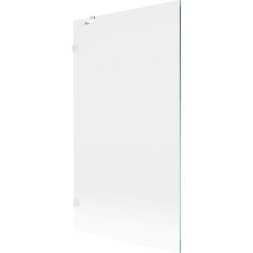 Przezroczysty parawan nawannowy o wymiarach 100 x 150 cm z białymi elementami mocującymi. Produkt jest jednoskrzydłowy i ma minimalistyczny design.