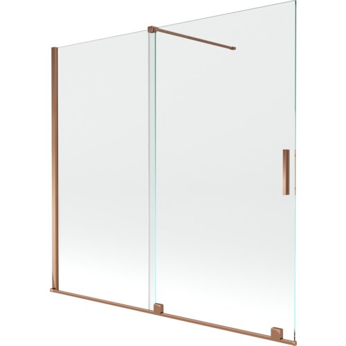 Dwuskrzydłowy, rozsuwany parawan nawannowy o wymiarach 170 x 150 cm, wykonany z przezroczystego szkła, z elementami w kolorze różowego złota. Produkt ma prostą, nowoczesną konstrukcję z uchwytem i ramą w tym samym kolorze.