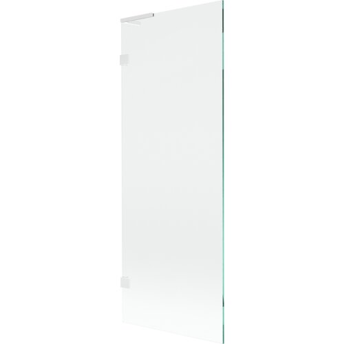 Przezroczysty parawan nawannowy o wymiarach 70 x 150 cm z białymi elementami montażowymi. Produkt ma prostokątny kształt i jest jednoskrzydłowy.