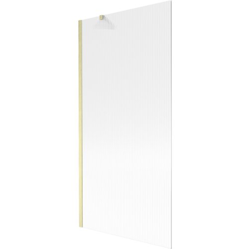 Przezroczysty parawan nawannowy z pionowymi prążkami, posiada złoty szczotkowany uchwyt i ramę. Produkt to "Mexen Next parawan nawannowy 1-skrzydłowy 90 x 150 cm, prążki, złoty szczotkowany - 895-090-000-00-09-55".