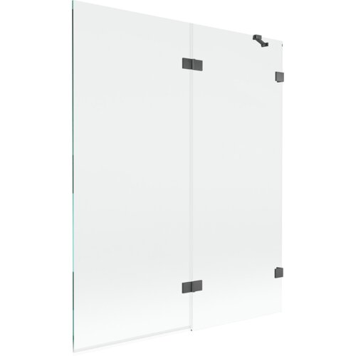 Przezroczysty parawan nawannowy z dwoma skrzydłami, wykonany ze szkła, z ciemnoszarymi, szczotkowanymi elementami mocującymi. Produkt ma minimalistyczny design i prostokątny kształt.