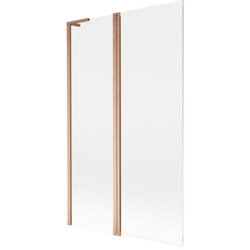Dwuskrzydłowy parawan nawannowy o wymiarach 110 x 150 cm, wykonany z transparentnego szkła, z elementami w kolorze miedzi szczotkowanej. Produkt ma prostą, nowoczesną konstrukcję z metalowymi profilami.