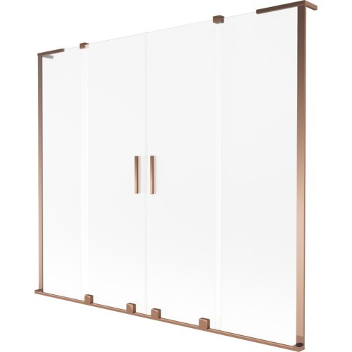 Dwuskrzydłowy, rozsuwany parawan nawannowy o wymiarach 200 x 150 cm, wykonany z matowego szkła, z ramą i uchwytami w kolorze różowego złota. Produkt ma prosty, nowoczesny design z widocznymi elementami montażowymi.