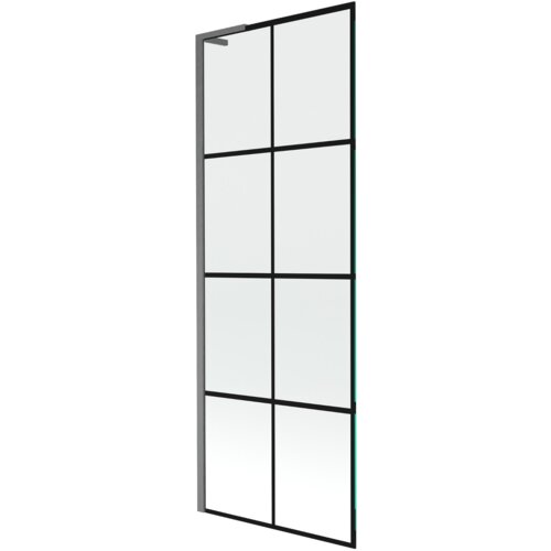 Jednoskrzydłowy parawan nawannowy o wymiarach 70 x 150 cm z czarną kratką i szczotkowanym wykończeniem w kolorze gun gray. Produkt ma prostokątną formę z metalowymi ramami i przezroczystymi panelami.