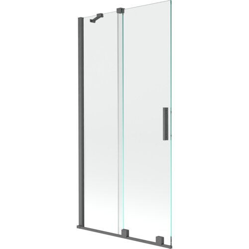 Przesłany obraz przedstawia dwuskrzydłowy, rozsuwany parawan nawannowy o wymiarach 90 x 150 cm, wykonany z przezroczystego szkła z elementami w kolorze szczotkowanego gun gray. Produkt ma prostą, nowoczesną konstrukcję z metalowymi uchwytami i mocowaniami