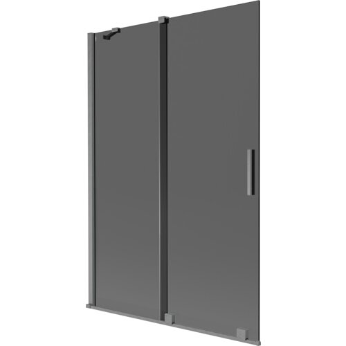 Dwuskrzydłowy, rozsuwany parawan nawannowy w kolorze grafitowym z wykończeniem gun gray szczotkowanym, o wymiarach 120 x 150 cm. Produkt ma prostokątny kształt z metalowymi uchwytami i mocowaniami.