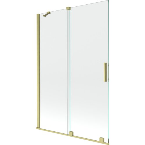 Dwuskrzydłowy, rozsuwany parawan nawannowy o wymiarach 120 x 150 cm, wykonany z transparentnego szkła, z elementami w kolorze złotym szczotkowanym. Produkt ma prostokątny kształt i zawiera metalowe uchwyty oraz mocowania.