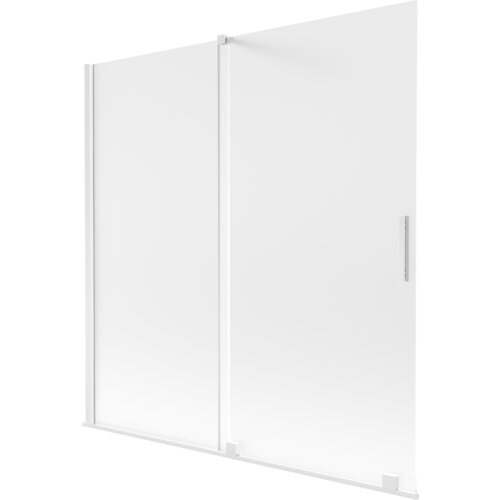 Dwuskrzydłowy, rozsuwany parawan nawannowy o wymiarach 160 x 150 cm, wykonany z białego, szronionego szkła, z prostokątnym uchwytem. Produkt ma minimalistyczny design z gładką powierzchnią i prostymi liniami.