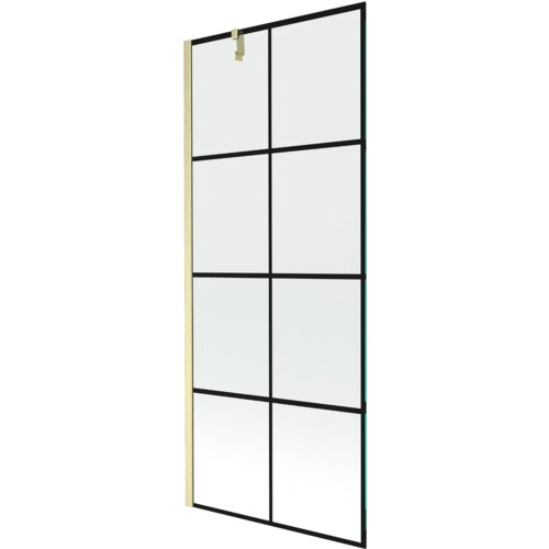 Jednoskrzydłowy parawan nawannowy o wymiarach 80 x 150 cm z czarną kratką i złotym szczotkowanym wykończeniem. Produkt ma prostokątną formę z podziałem na osiem równych sekcji.