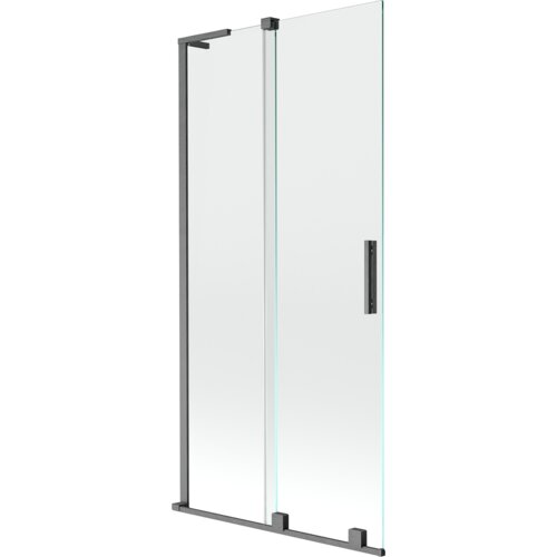 Przesłane zdjęcie przedstawia dwuskrzydłowy, rozsuwany parawan nawannowy o wymiarach 90 x 150 cm, wykonany z przezroczystego szkła z elementami w kolorze szczotkowanego szarego metalu. Produkt ma prostokątny kształt z metalowymi uchwytami i ramą.