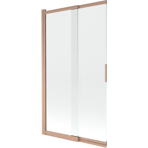 Dwuskrzydłowy, przesuwny parawan nawannowy o wymiarach 100 x 150 cm, wykonany z przezroczystego szkła, z ramą i uchwytem w kolorze szczotkowanej miedzi. Produkt ma prosty, nowoczesny design.