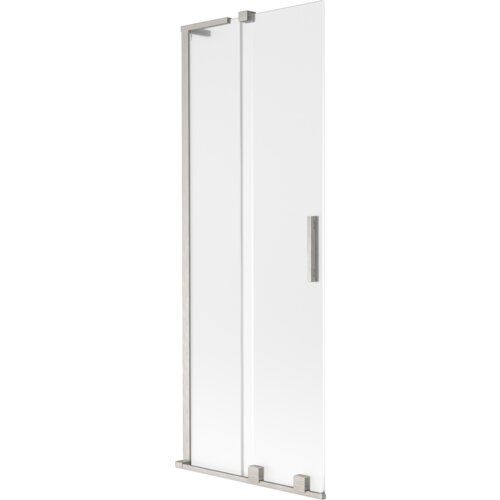 Dwuskrzydłowy, rozsuwany parawan nawannowy o wymiarach 75 x 150 cm, wykonany z matowego szkła i wykończony w szczotkowanym niklu. Produkt ma prostokątny uchwyt i metalowe elementy montażowe.