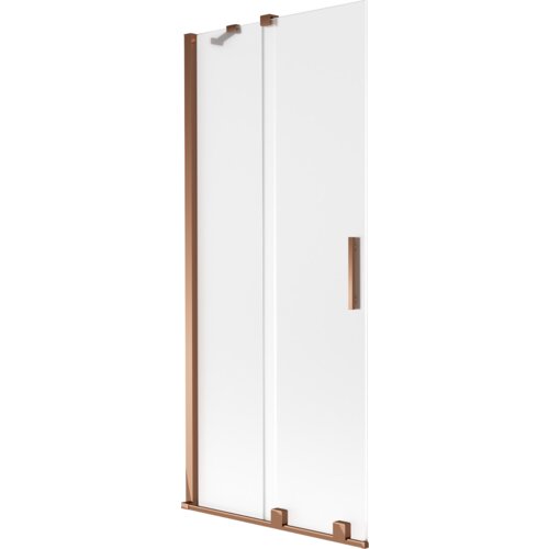 Dwuskrzydłowy, rozsuwany parawan nawannowy o wymiarach 80 x 150 cm, wykonany z przezroczystego szkła z efektem szronu, z ramą i uchwytami w kolorze różowego złota. Produkt ma prosty, nowoczesny design z widocznymi elementami montażowymi.