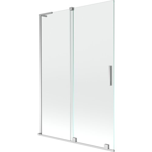 Dwuskrzydłowy, rozsuwany parawan nawannowy o wymiarach 120 x 150 cm, wykonany z przezroczystego szkła i chromowanych elementów. Produkt ma prostokątny uchwyt na jednym ze skrzydeł.