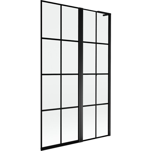 Dwuskrzydłowy parawan nawannowy z czarną kratką, wykonany ze szkła, o wymiarach 110 x 150 cm. Produkt ma prostokątny kształt i czarne ramy.