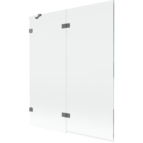 Dwuskrzydłowy, transparentny parawan nawannowy w kolorze gun metal, z widocznymi metalowymi zawiasami i uchwytami. Produkt ma prosty, nowoczesny design i jest przeznaczony do montażu na wannie.