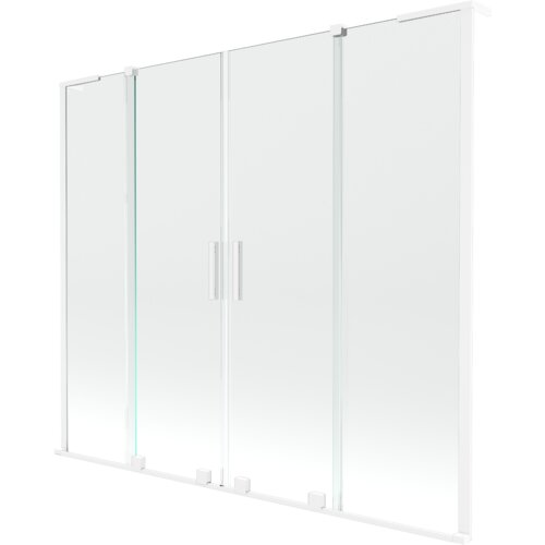 Przesłane zdjęcie przedstawia przezroczysty, dwuskrzydłowy parawan nawannowy z białymi ramami i uchwytami. Produkt ma prosty, nowoczesny design z czterema panelami szklanymi.