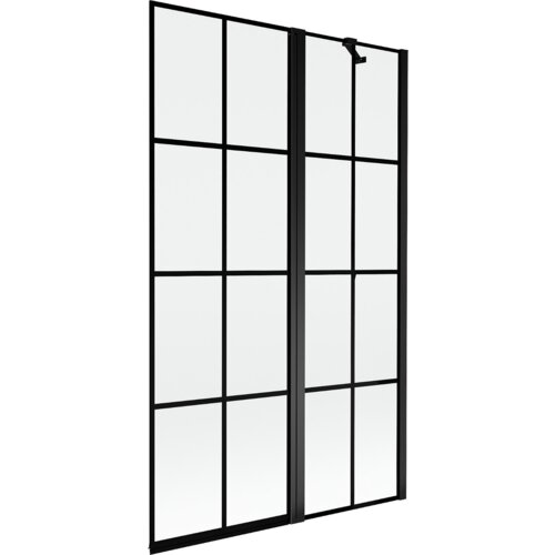 Dwuskrzydłowy parawan nawannowy z czarną kratką, wykonany ze szkła, o wymiarach 110 x 150 cm. Produkt ma prostą, nowoczesną konstrukcję z wyraźnymi pionowymi i poziomymi liniami.