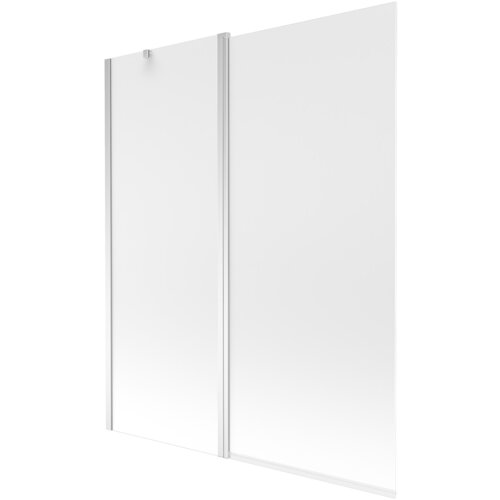 Dwuskrzydłowy parawan nawannowy o wymiarach 140 x 150 cm, wykonany z matowego szkła z chromowanymi elementami. Produkt ma prosty, nowoczesny design z widocznymi metalowymi profilami.