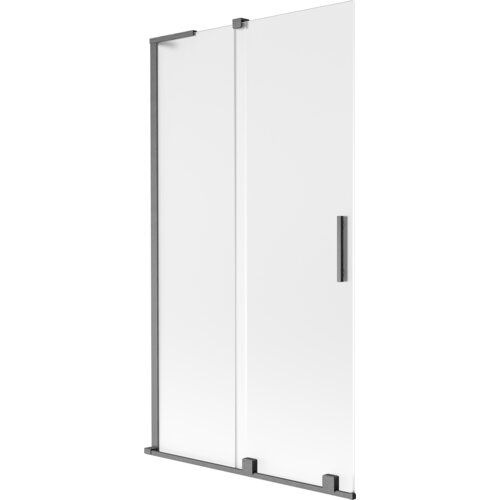 Dwuskrzydłowy, rozsuwany parawan nawannowy o wymiarach 100 x 150 cm, wykonany z matowego szkła z szarymi, szczotkowanymi elementami. Produkt ma prostokątny uchwyt i metalowe ramy.