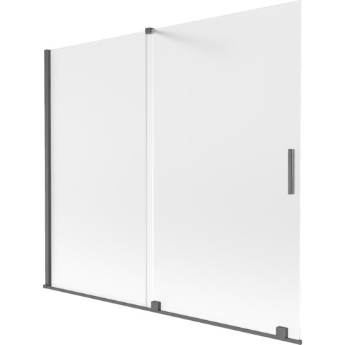 Dwuskrzydłowy, rozsuwany parawan nawannowy o wymiarach 180 x 150 cm, wykonany z matowego szkła z szarymi, szczotkowanymi elementami. Produkt posiada prostokątny uchwyt na jednym ze skrzydeł.
