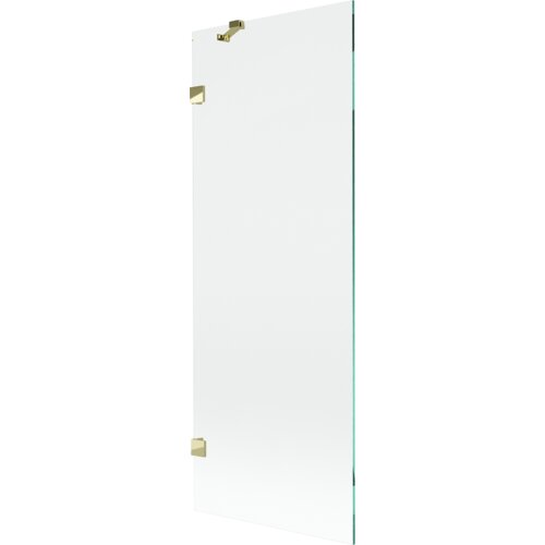Przezroczysty parawan nawannowy z jednym skrzydłem, o wymiarach 70 x 150 cm, z elementami w kolorze złotym. Produkt jest prosty i elegancki, z widocznymi złotymi zawiasami.