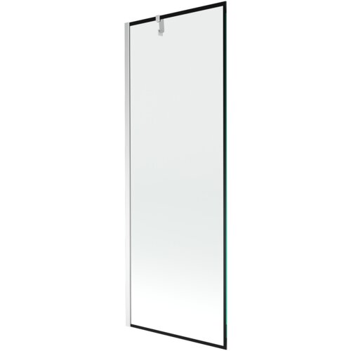 Na zdjęciu widoczny jest prostokątny parawan nawannowy z przezroczystego szkła, otoczony czarną ramką z chromowanymi elementami. Produkt ma minimalistyczny design i jest przeznaczony do montażu w łazience.