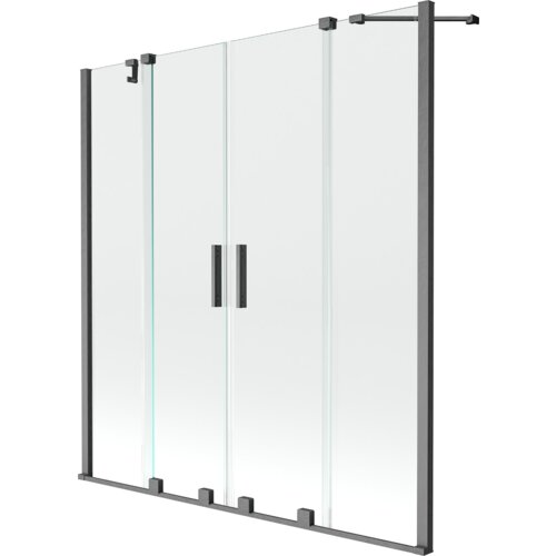 Dwuskrzydłowy, rozsuwany parawan nawannowy o wymiarach 140 x 150 cm, wykonany z transparentnego szkła, z elementami w kolorze gun gray szczotkowanym. Produkt posiada prostokątne uchwyty i metalowe profile.