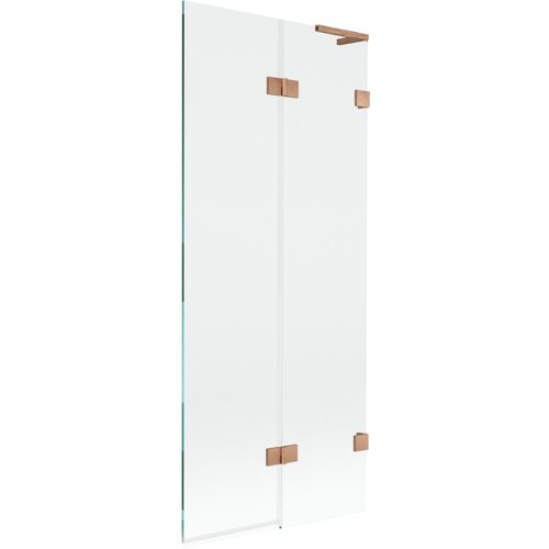 Dwuskrzydłowy parawan nawannowy o transparentnej powierzchni z miedzianymi, szczotkowanymi elementami mocującymi. Produkt ma prosty, nowoczesny design i jest oznaczony jako "Mexen Lunar L".