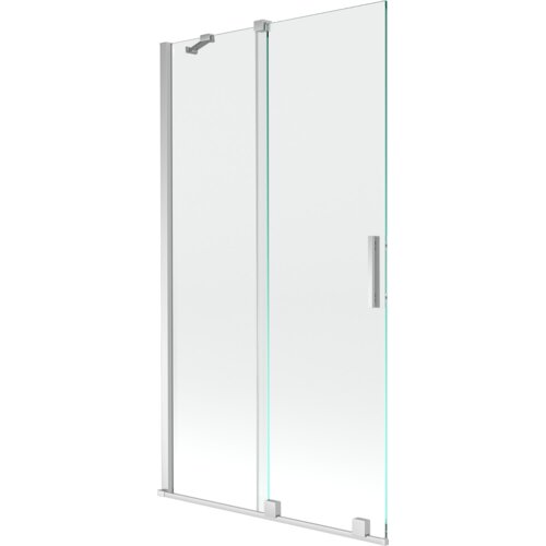 Przesłane zdjęcie przedstawia dwuskrzydłowy, rozsuwany parawan nawannowy o wymiarach 100 x 150 cm, wykonany z przezroczystego szkła z chromowanymi elementami. Produkt ma prosty, nowoczesny design z metalowymi uchwytami i mocowaniami.