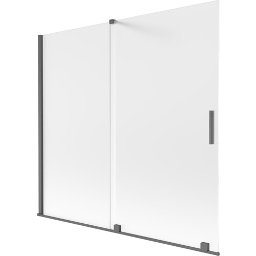 Dwuskrzydłowy, rozsuwany parawan nawannowy o wymiarach 170 x 150 cm, wykonany z matowego szkła w kolorze gun gray szczotkowanym, z widocznym pionowym uchwytem. Produkt ma prostą, nowoczesną konstrukcję z metalowymi elementami mocującymi.