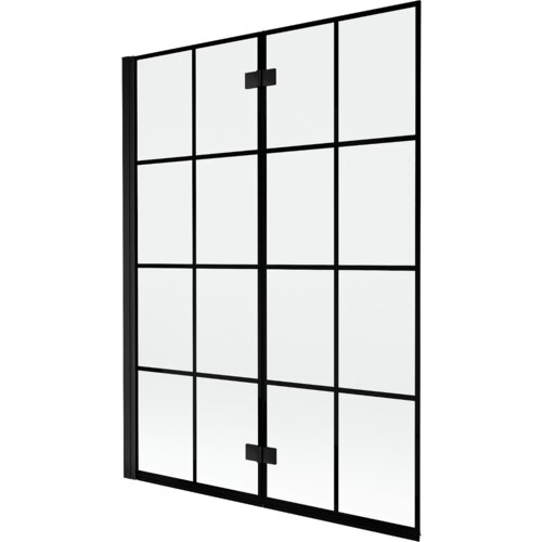 Dwuskrzydłowy parawan nawannowy z czarną kratką, wykonany ze szkła, o wymiarach 130 x 150 cm. Produkt ma czarne ramy i zawiasy, tworząc elegancki, nowoczesny wygląd.