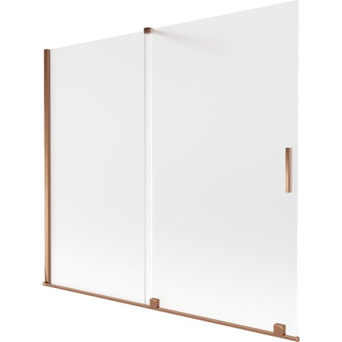 Dwuskrzydłowy, rozsuwany parawan nawannowy o wymiarach 180 x 150 cm, wykonany z matowego szkła z elementami w kolorze różowego złota. Produkt ma prostokątny uchwyt i metalowe wykończenia na krawędziach.