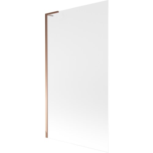 Szklany parawan nawannowy o wymiarach 100 x 150 cm z matowym wykończeniem i ramą w kolorze różowego złota. Produkt ma prostą, elegancką konstrukcję z jednoskrzydłowym panelem.