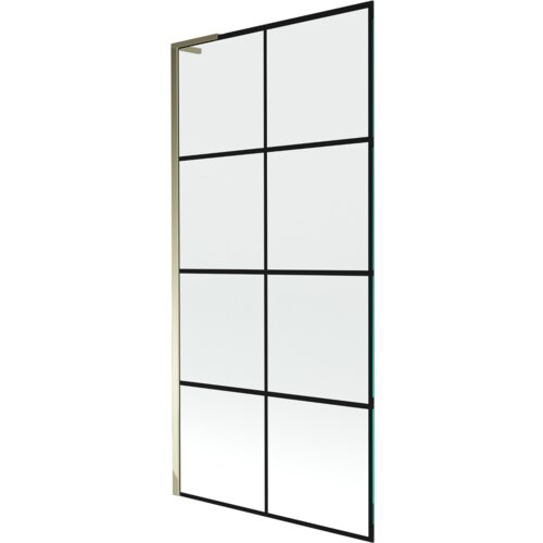 Jednoskrzydłowy parawan nawannowy o wymiarach 90 x 150 cm z czarną kratką i złotą ramą. Produkt ma prostokątny kształt i jest podzielony na dziewięć równych sekcji przez czarne linie.