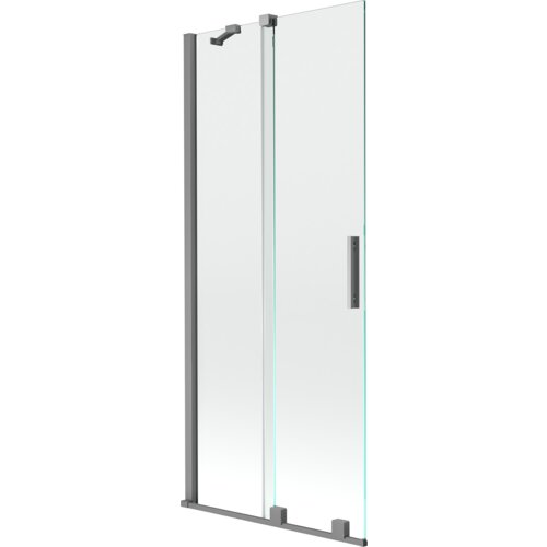 Przesłane zdjęcie przedstawia dwuskrzydłowy, rozsuwany parawan nawannowy o wymiarach 80 x 150 cm, wykonany z przezroczystego szkła i wykończony w kolorze gun metal. Produkt ma prostokątny uchwyt i metalowe elementy mocujące.