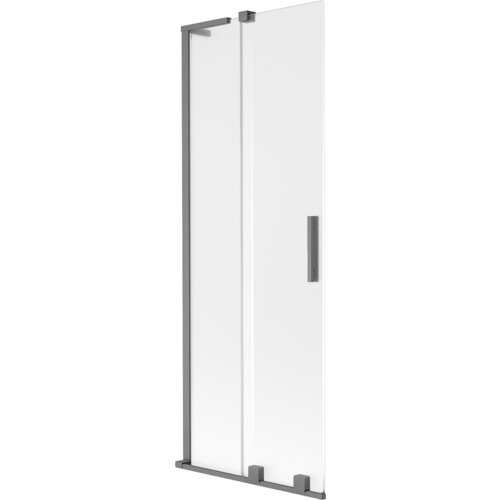 Dwuskrzydłowy, rozsuwany parawan nawannowy o wymiarach 70 x 150 cm, wykonany z przezroczystego szkła z metalowymi elementami w kolorze gun metal. Produkt ma prostokątny uchwyt i szronioną powierzchnię.