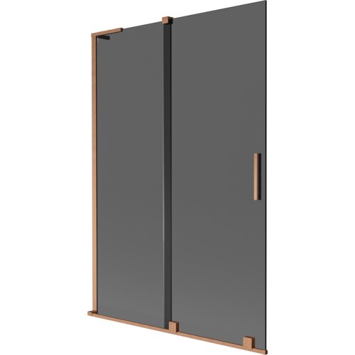 Dwuskrzydłowy parawan nawannowy w kolorze grafitowym z elementami w odcieniu miedzi szczotkowanej, posiada prostokątną, pionową rączkę. Produkt ma minimalistyczny design i jest wykonany z dwóch przesuwanych paneli.