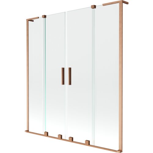 Przesłany obraz przedstawia dwuskrzydłowy, rozsuwany parawan nawannowy o wymiarach 150 x 150 cm, wykonany z przezroczystego szkła z elementami w kolorze szczotkowanej miedzi. Parawan posiada pionowe uchwyty na środku oraz miedziane ramy na górze i dole.