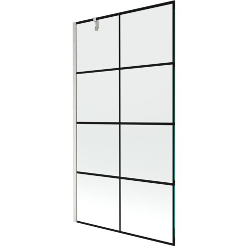 Jednoskrzydłowy parawan nawannowy o wymiarach 100 x 150 cm z czarną kratką i wykończeniem z niklu szczotkowanego. Produkt ma prostokątną formę z podziałem na osiem równych sekcji.