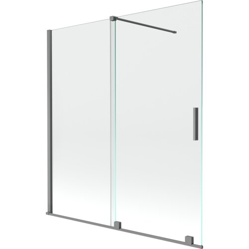 Dwuskrzydłowy, rozsuwany parawan nawannowy o wymiarach 150 x 150 cm, wykonany z transparentnego szkła i wykończony w kolorze gun metal. Produkt posiada prostokątny uchwyt oraz metalowe elementy montażowe.