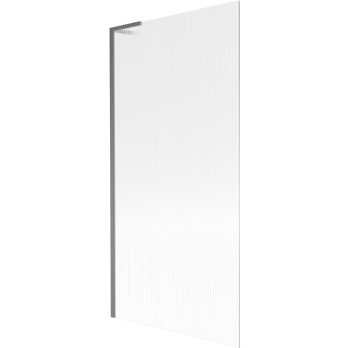 Przesłane zdjęcie przedstawia jednoskrzydłowy parawan nawannowy o wymiarach 90 x 150 cm z prążkowaną powierzchnią i szczotkowanym wykończeniem w kolorze gun gray. Produkt ma prostokątny kształt z metalowym uchwytem na górze.