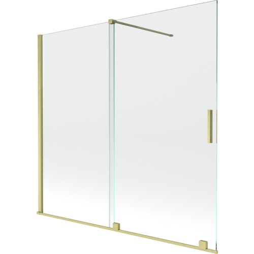 Dwuskrzydłowy, rozsuwany parawan nawannowy o wymiarach 170 x 150 cm, wykonany z transparentnego szkła z elementami w kolorze złotym szczotkowanym. Produkt posiada prostokątną, złotą rączkę oraz złote profile montażowe.