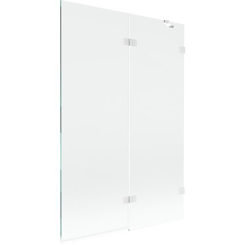 Dwuskrzydłowy, transparentny parawan nawannowy o wymiarach 120 x 150 cm z białymi elementami montażowymi. Produkt ma prosty, nowoczesny design z widocznymi zawiasami.