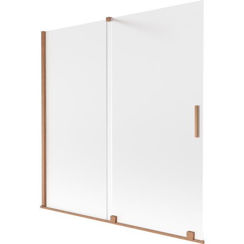 Dwuskrzydłowy parawan nawannowy o wymiarach 160 x 150 cm, wykonany z mrożonego szkła z elementami w kolorze szczotkowanej miedzi. Produkt ma prostą konstrukcję z widocznymi uchwytami i mocowaniami.
