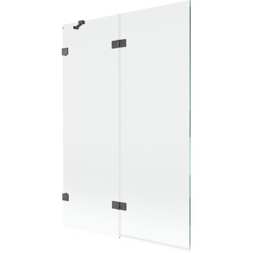 Dwuskrzydłowy parawan nawannowy o transparentnej powierzchni, z ciemnoszarymi, szczotkowanymi elementami mocującymi. Produkt ma prosty, nowoczesny design i składa się z dwóch szklanych paneli.