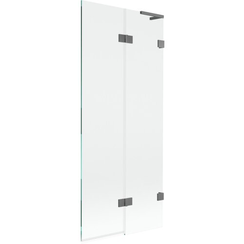 Przezroczysty, dwuskrzydłowy parawan nawannowy z metalowymi zawiasami w kolorze gun metal. Produkt ma prosty, nowoczesny design i jest wykonany z przezroczystego szkła.